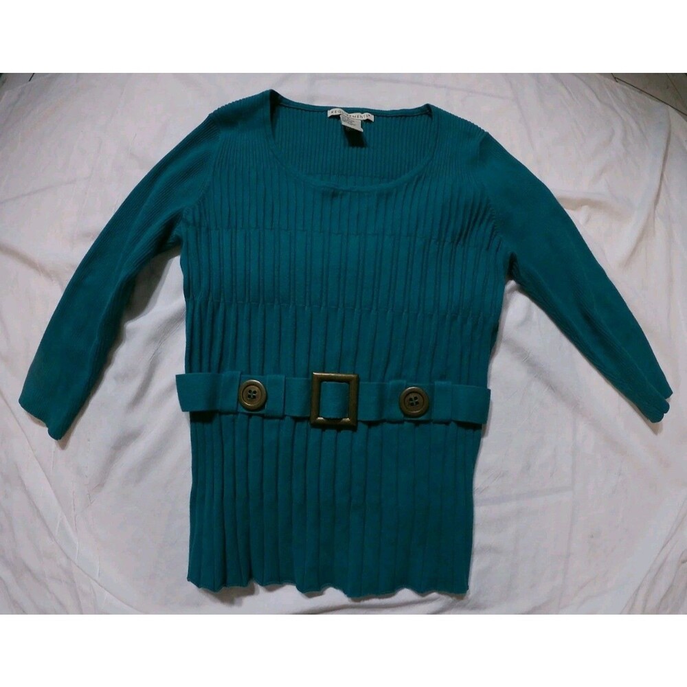 Requirements Women's M Teal Ribbed Knit Sweater Belted Button Waist 3/4 Sleeve